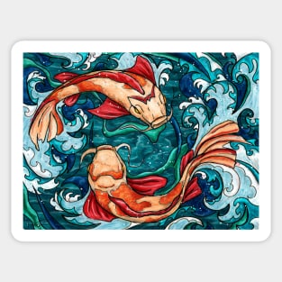 Two koi fish in blue abstract waves Sticker